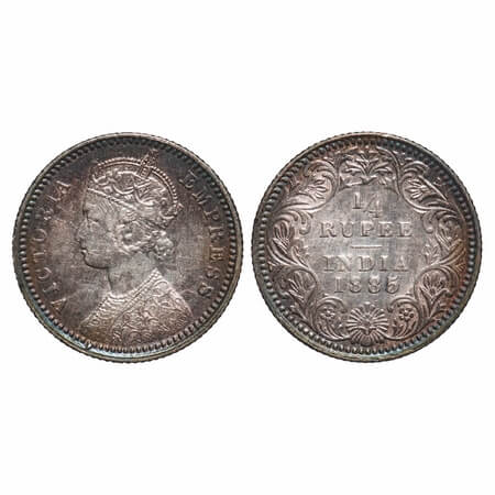 Victoria Empress, Silver, 1/4 Rupee, 1885, Calcutta Mint, C/II, 'C' incused. F. Prid 390. 