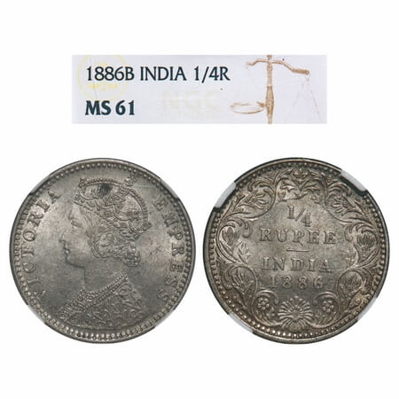 Victoria Empress, Silver, 1/4 Rupee, 1886, Bombay Mint, C(i)/II, 'B' raised. F. Prid 419. 