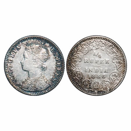 Victoria Empress, Silver, 1/4 Rupee, 1886, Calcutta Mint, C/II, No mint mark, No C. F. Pri