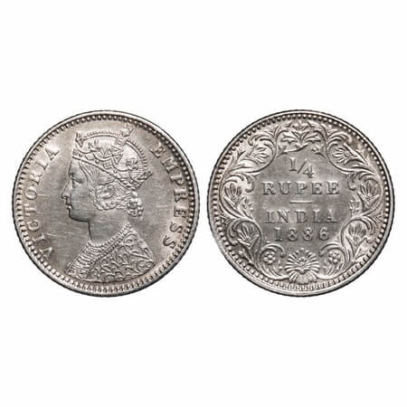 Victoria Empress, Silver, 1/4 Rupee, 1886, Calcutta Mint, C/II, No mint mark, No C. F. Pri