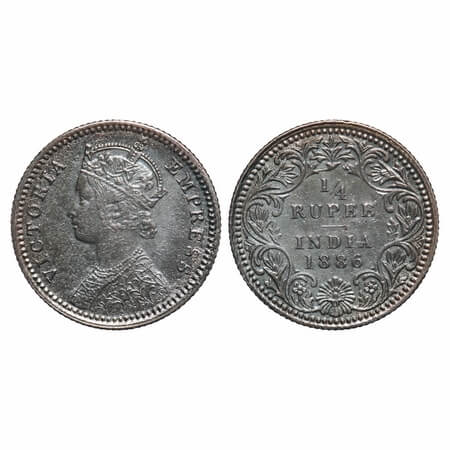 Victoria Empress, Silver, 1/4 Rupee, 1886, Calcutta Mint, C/II, 'C' incsed. F. Prid 391. G