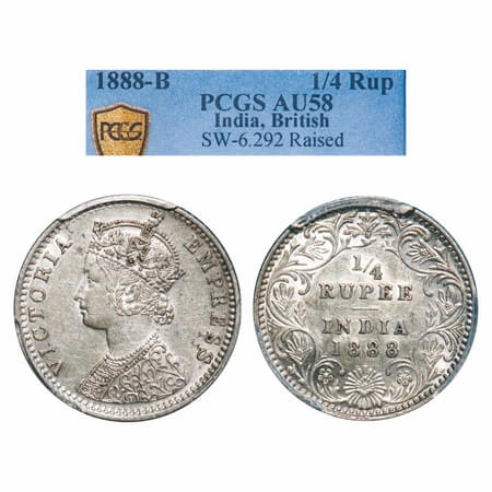 Victoria Empress, Silver, 1/4 Rupee, 1888, Bombay Mint, C(i)/II, 'B' raised. F. Prid 421. 