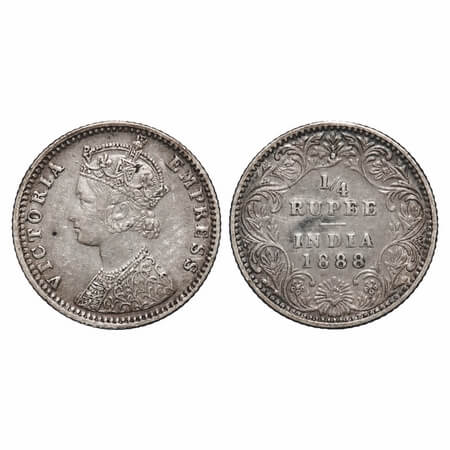 Victoria Empress, Silver, 1/4 Rupee, 1888, Bombay Mint, C(i)/II, 'B' raised. F. Prid 421. 