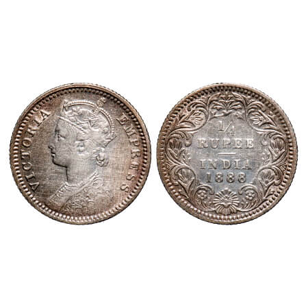 Victoria Empress, Silver, 1/4 Rupee, 1888, Calcutta Mint, C/II, No mint mark, No 'C'. F. P