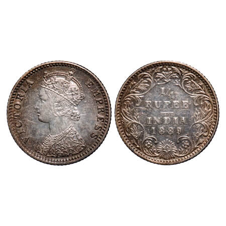 Victoria Empress, Silver, 1/4 Rupee, 1889, Bombay Mint, C(i)/II, 'B' incused. F. Prid 423.