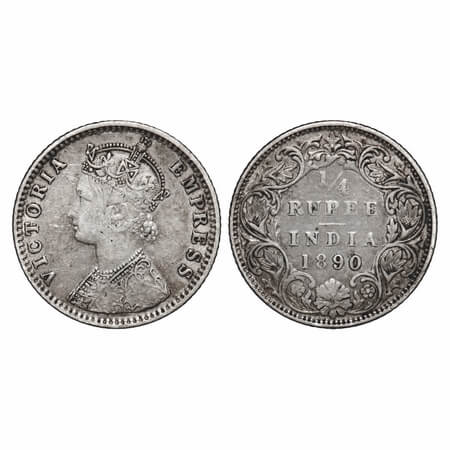 Victoria Empress, Silver, 1/4 Rupee, 1890, Bombay Mint, C(i)/I, 'B' incused. F. Prid Unlis