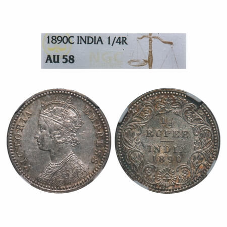Victoria Empress, Silver, 1/4 Rupee, 1890, Calcutta Mint, C/II, 'C' incused. F. Prid 395. 