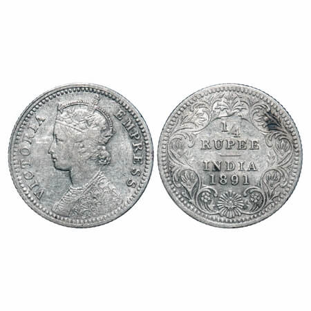 Victoria Empress, Silver, 1/4 Rupee, 1891, Calcutta Mint, C/II, 'C' incused. F. Prid 396. 