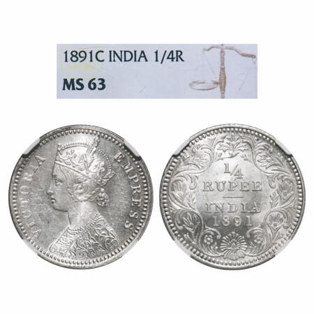Victoria Empress, Silver, 1/4 Rupee, 1891, Calcutta Mint, C/II, 'C' incused. F. Prid 396. 