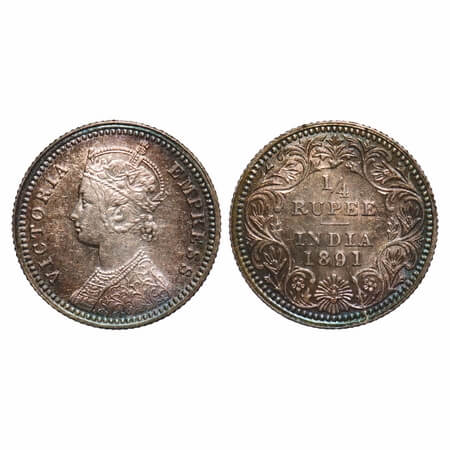 Victoria Empress, Silver, 1/4 Rupee, 1891, Calcutta Mint, C/II, 'C' incused, Die crack on 