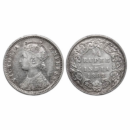 Victoria Empress, Silver, 1/4 Rupee, 1892, Bombay Mint, C(i)/I, 'B' incused. F. Prid 426. 