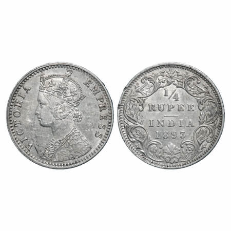 Victoria Empress, Silver, 1/4 Rupee, 1893, Bombay Mint, B/II, 'B' incused. F. Prid 398. GK