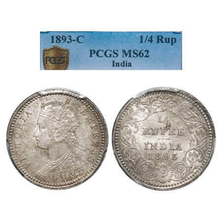 Victoria Empress, Silver, 1/4 Rupee, 1893, Calcutta Mint, C/II, 'C' incused. F. Prid 398. 