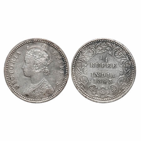 Victoria Empress, Silver, 1/4 Rupee, 1893, Calcutta Mint, C/II, 'C" incused. F. Prid 398. 