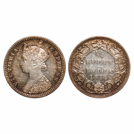 Victoria Empress, Silver, 1/4 Rupee, 1894, Bombay Mint, C(i)/I, 'B' incused. F. Prid 428. 
