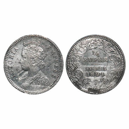 Victoria Empress, Silver, 1/4 Rupee, 1894, Calcutta Mint, C/II, 'C' incused, Planchet flaw