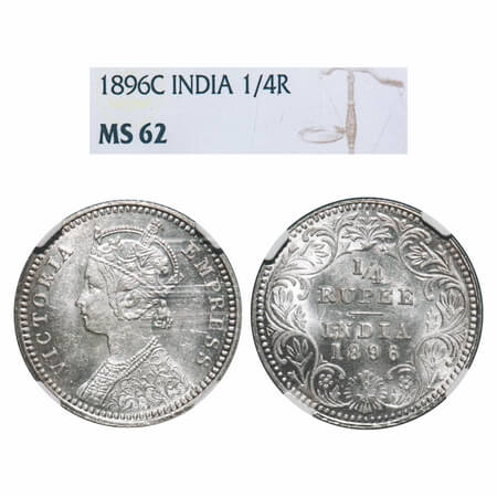 Victoria Empress, Silver, 1/4 Rupee, 1896, Calcutta Mint, C/II, 'C' incused. F. Prid 400. 