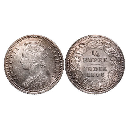 Victoria Empress, Silver, 1/4 Rupee, 1896, Calcutta Mint, C/II, 'C' incused. F. Prid 400. 