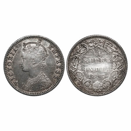 Victoria Empress, Silver, 1/4 Rupee, 1897, Bombay Mint, C/I, 'B' incused. F. Prid 430. GK 