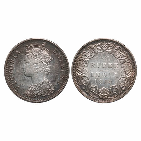 Victoria Empress, Silver, 1/4 Rupee, 1897, Bombay Mint, C(i)/I, 'B incused. F. Prid 430. G