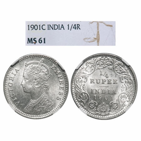 Victoria Empress, Silver, 1/4 Rupee, 1901, Calcutta Mint, C/II, 'C' incused. F. Prid 404. 