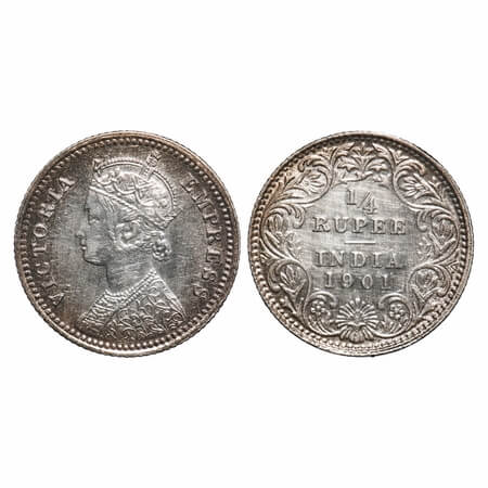 Victoria Empress, Silver, 1/4 Rupee, 1901, Calcutta Mint, C/II, 'C incused. F. Prid 404. G