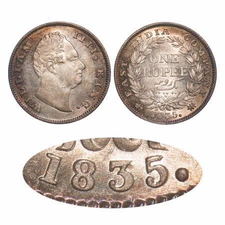 William IV, Silver, Rupee, 1835, Calcutta Mint, A/I, 'F' raised, Rev aligned, Large & thic