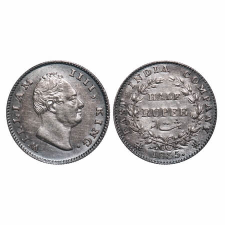 William IV, Silver, Half Rupee, 1835, Calcutta Mint, A/I(ii), 'F' incused, Two leaves abov
