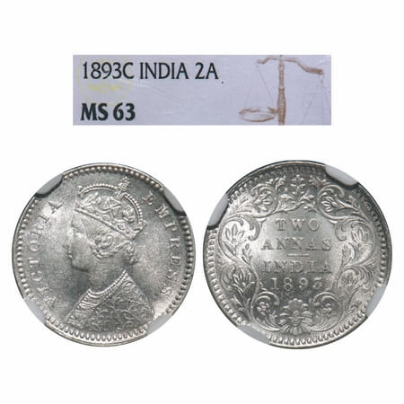 Victoria Empress, Silver, 2 Annas, 1893, Calcutta Mint, B/II, 'C' incused. F. Prid 508. GK