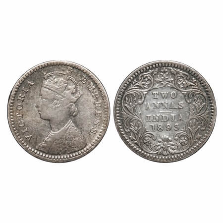 Victoria Empress, Silver, 2 Annas, 1893, Calcutta Mint, B/II, 'C' incused. F. Prid 508. GK