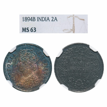 Victoria Empress, Silver, 2 Annas, 1894, Bombay Mint, B/II, 'B' incused. F. Prid 549. GK 8