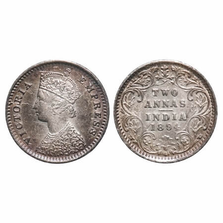 Victoria Empress, Silver, 2 Annas, 1894, Bombay Mint, B/II, 'B' incused, Ghost on Rev, Die