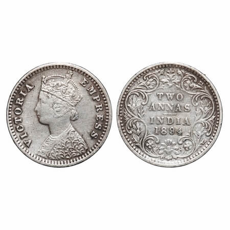 Victoria Empress, Silver, 2 Annas, 1894, Bombay Mint, B/II, 'B' incused. F. Prid 549. GK 8