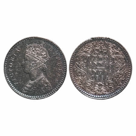 Victoria Empress, Silver, 2 Annas, 1894, Calcutta Mint, B/II, 'C' incused. F. Prid 509. GK