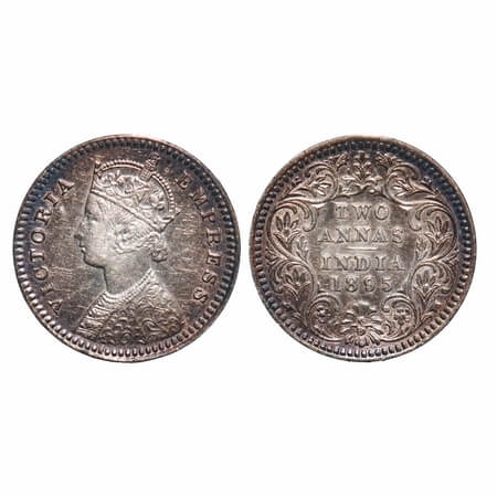 Victoria Empress, Silver, 2 Annas, 1895, Calcutta Mint, B/II, 'C' incused. F. Prid 510. GK