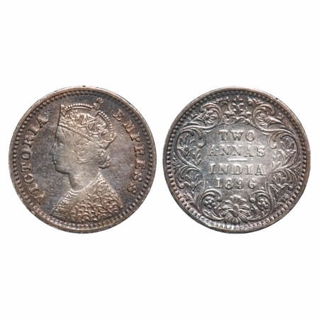 Victoria Empress, Silver, 2 Annas, 1896, Bombay Mint, B/II, 'B' incused. F. Prid 550. GK 8