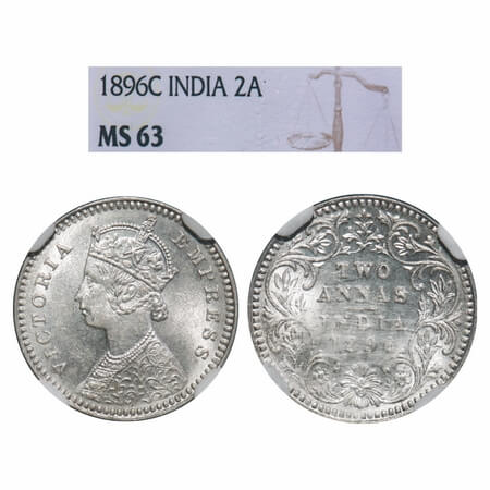 Victoria Empress, Silver, 2 Annas, 1896, Calcutta Mint, B/II, 'C' incused. F. Prid 511. GK