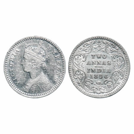 Victoria Empress, Silver, 2 Annas, 1896, Calcutta Mint, B/II, 'C' incused. F. Prid 511. GK