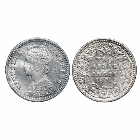 Victoria Empress, Silver, 2 Annas, 1897, Bombay Mint, B/II, 'B' incused. F. Prid 551. GK 8