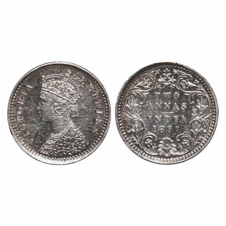 Victoria Empress, Silver, 2 Annas, 1897, Bombay Mint, B/II, 'B' incused, Ghost on Obv. F. 
