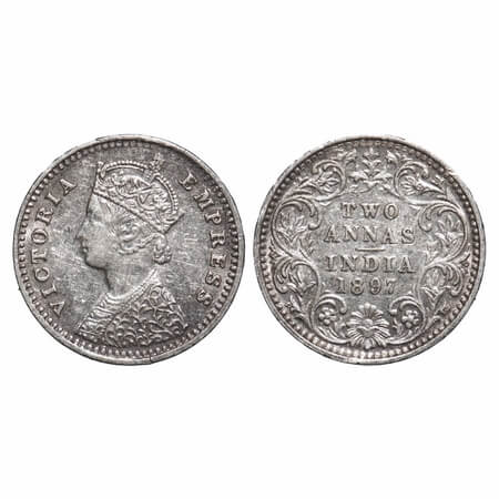 Victoria Empress, Silver, 2 Annas, 1897, Bombay Mint, B/II, 'B' incused. F. Prid 551. GK 8