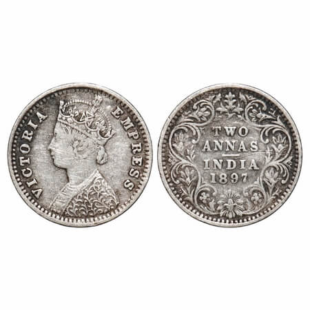 Victoria Empress, Silver, 2 Annas, 1897, Bombay Mint, B/II, 'B' incused. F. Prid 551. GK 8