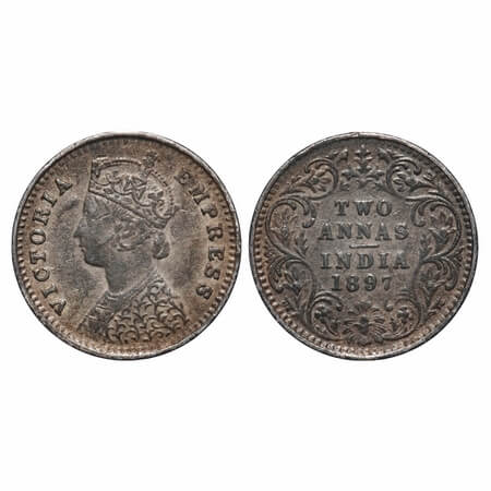 Victoria Empress, Silver, 2 Annas, 1897, Bombay Mint, B/II, 'B' incused. F. Prid 551. GK 8
