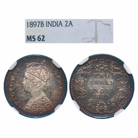 Victoria Empress, Silver, 2 Annas, 1897, Bombay Mint, B/II, 'B' incused. F. Prid 551. GK 8