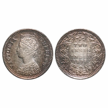 Victoria Empress, Silver, 2 Annas, 1897, Bombay Mint, B/II, 'B' incused. F. Prid 551. GK 8