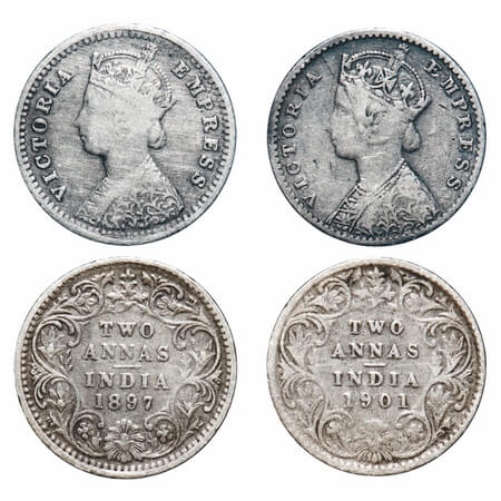 Victoria Empress, Silver, 2 Annas, (2 coins), 1) 1897, Bombay Mint, B/II, 'B' incused, 2) 
