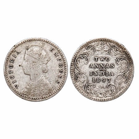 Victoria Empress, Silver, 2 Annas, 1897, Calcutta Mint, B/II, 'C' incused. F. Prid 512. GK