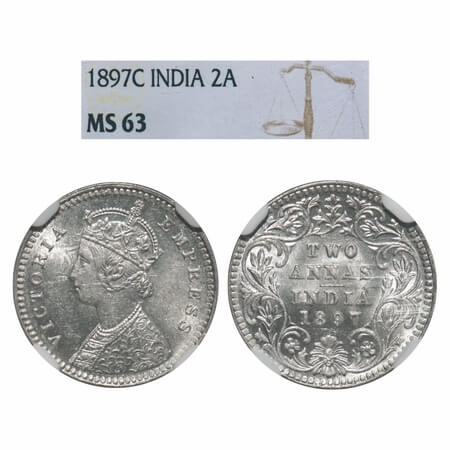 Victoria Empress, Silver, 2 Annas, 1897, Calcutta Mint, B/II, 'C' incused. F. Prid 512. GK