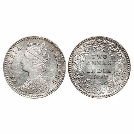 Victoria Empress, Silver, 2 Annas, 1897, Calcutta Mint, B/II, 'C' incused, Ghost on Rev, Q