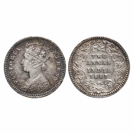 Victoria Empress, Silver, 2 Annas, 1897, Calcutta Mint, B/II, 'C' incused. F. Prid 512. GK